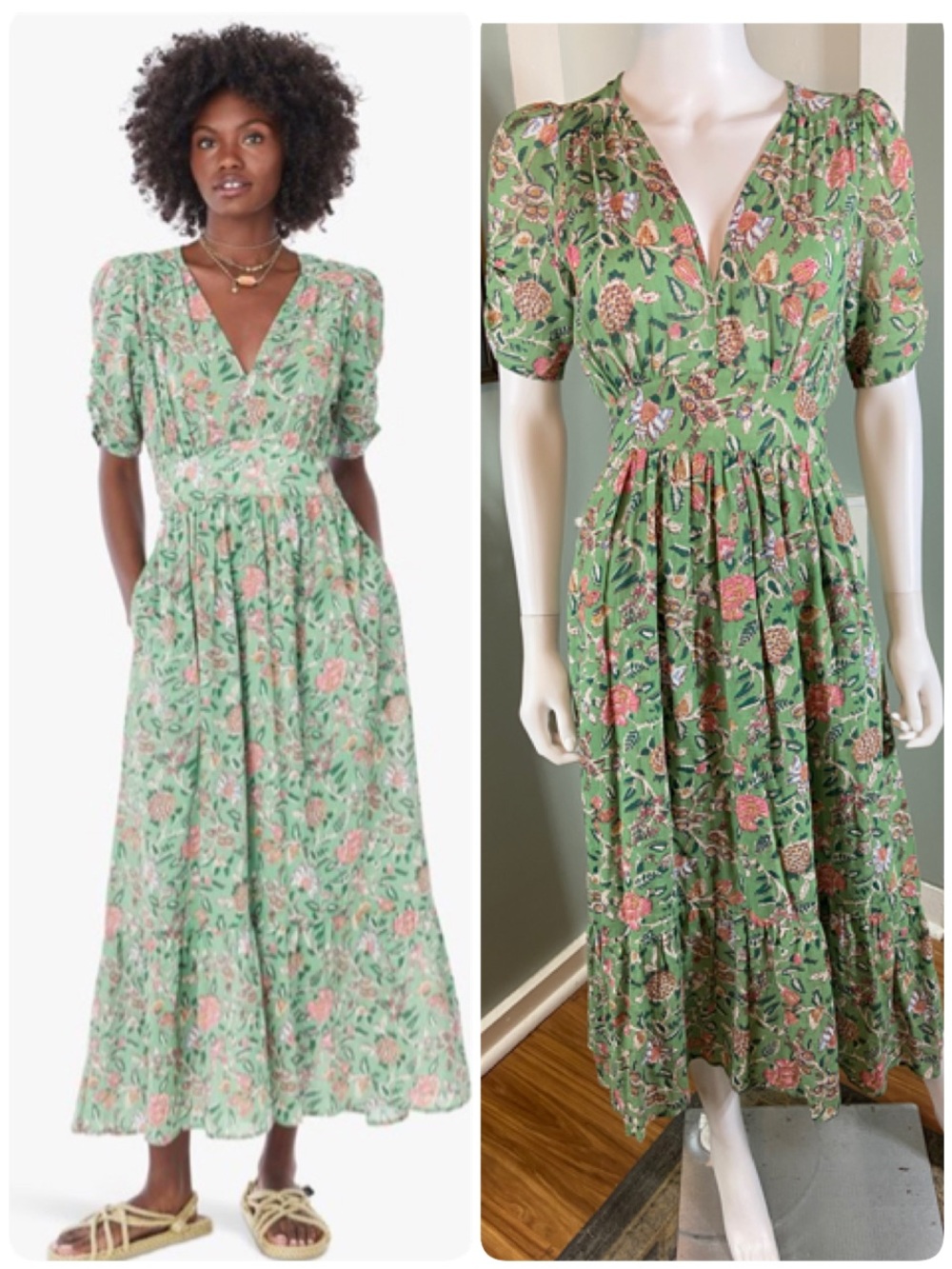 Xirena Camelia Floral Midi Puff Sleeve Cotton Prairie Dress Green Jade XSmall XS